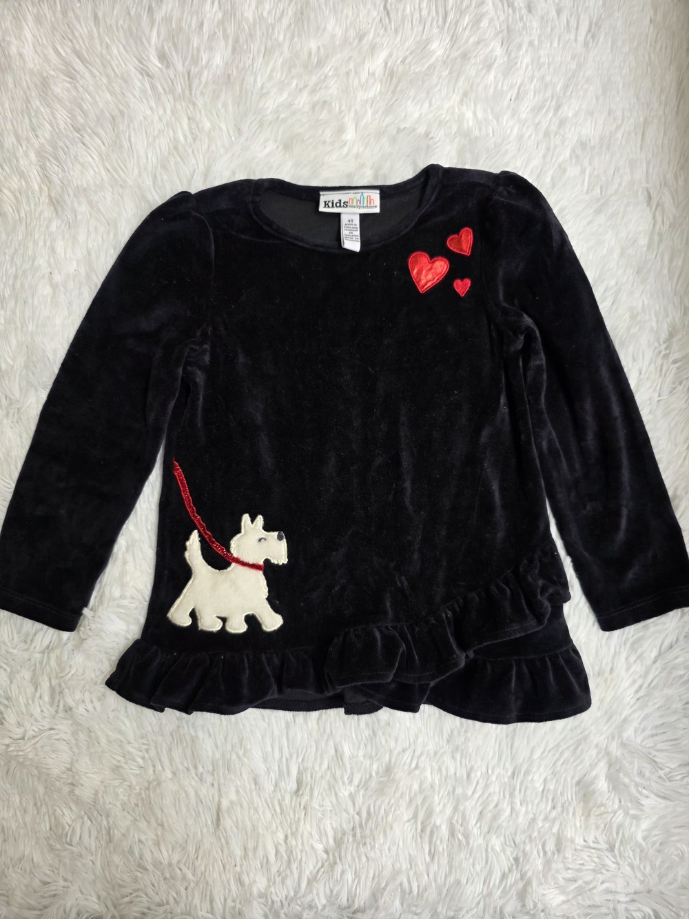 Black Velvet Long-Sleeve Top with Red Heart & Dog Appliqué